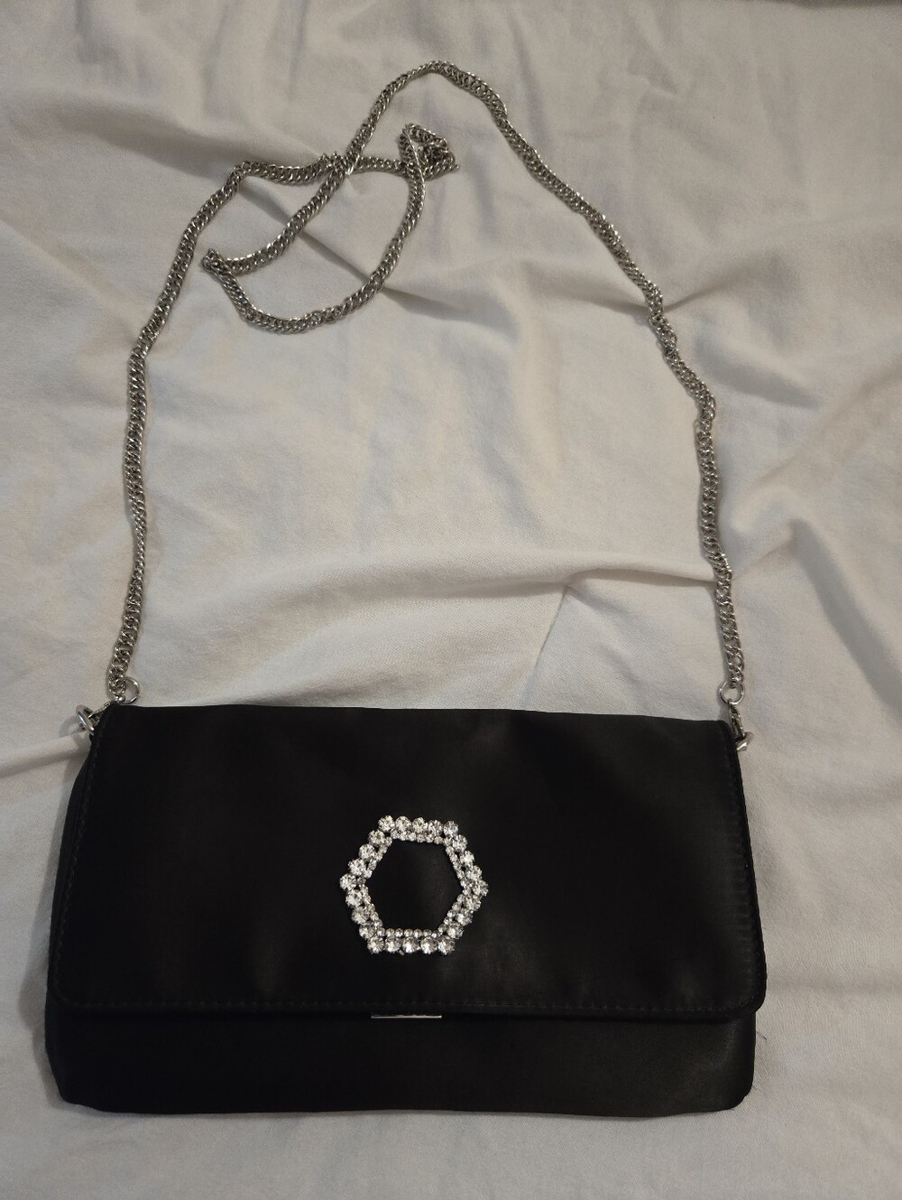 Black Chain Strap Evening Clutch with Crystal Accent
